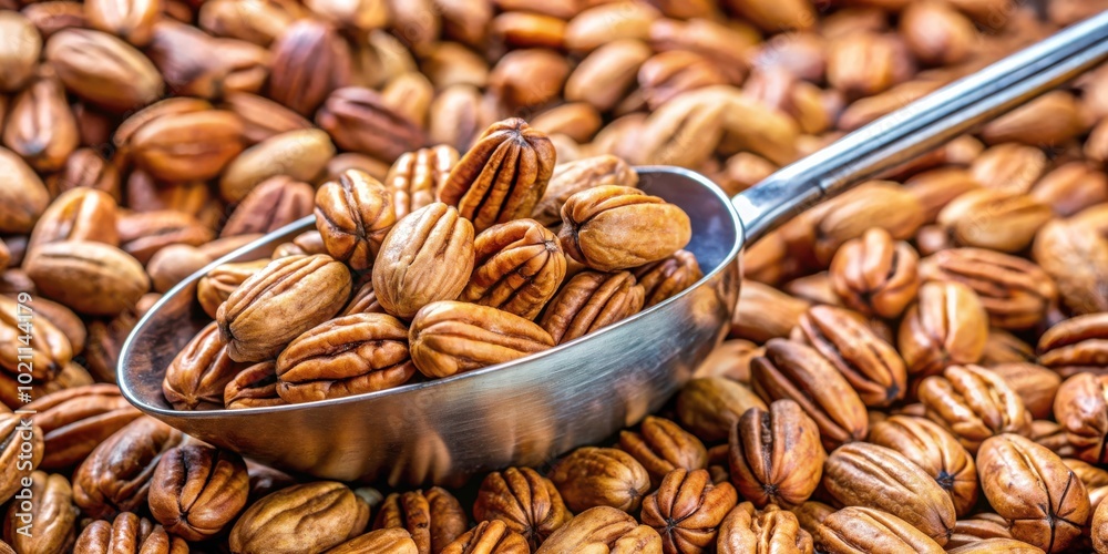 Poster a metal scoop overflowing with pecan nuts, resting atop a bed of similar nuts, creating a symphony o