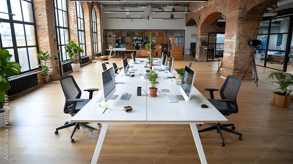 Leinwandbilder Tidy and Organized Tech Workspace with Neat Computer Arrangement Seen from High Angle on Shared Table in Minimalist Office Interior Design