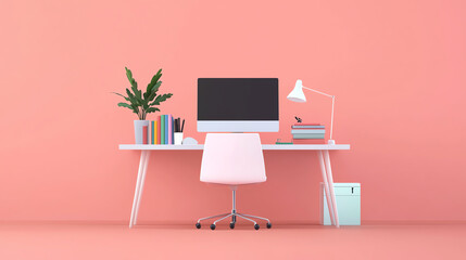 Stylish office workspace with a modern desk, computer, books, lamp, plant, and pastel background creating a productive and inspiring environment.