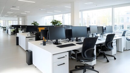 A bright spacious and modern workspace with a large desk and neatly arranged computers creating a professional and efficient environment for productivity and innovation