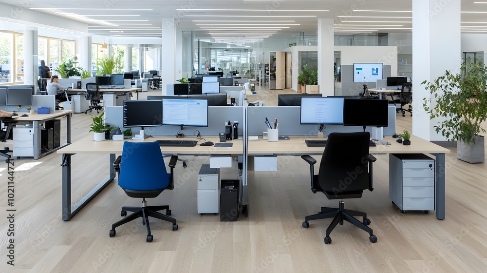 Poster High Angle View of a Sleek and Organized Modern Office Layout with Computers Arranged on a Central Desk Promoting Efficient and Workflow Among the Team