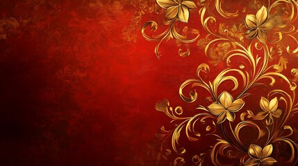 Thai silk pattern with ornate gold floral designs on a luxurious red background