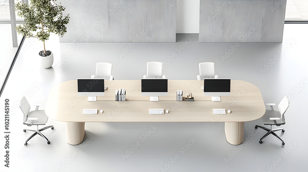 Poster Overhead View of a Sleek Minimalist Office Workspace with Computers on a Modern Clutter Free Desk in a Contemporary Setting