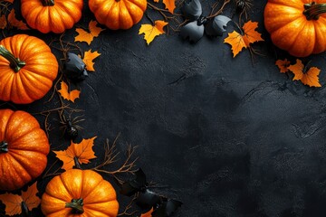 Modern Halloween background with pumpkins, branches with bats, spiders decorations on black. Flat lay, top view, copy space. with generative ai