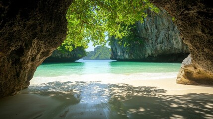 Fototapeta premium Serene Hidden Cove in Unseen Thailand - Tranquil View of Soft Sand Beach and Gentle Waves, Perfect for Relaxation and Peace, Ultra Detailed Shot