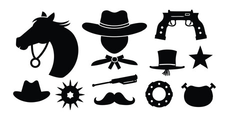 Western Cowboy Icon Set - Silhouette Vector of Cowboy Hat, Horse, Gun, Horseshoe, and Western Elements