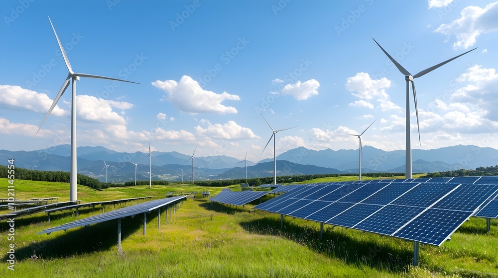 Poster ambitious green energy project featuring seamlessly integrated solar panels and wind turbines within