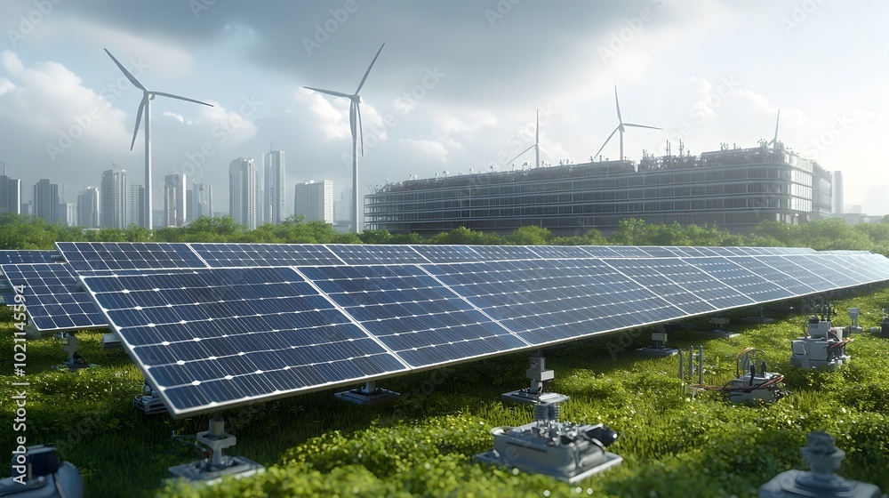 Poster ambitious green energy project featuring solar panels and wind turbines seamlessly integrated into a