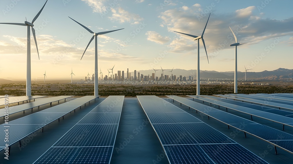 Aufkleber Expansive futuristic smart grid with rows of sleek solar panels and towering wind turbines generating sustainable electricity to power a sprawling city skyline in the distance