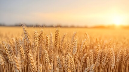 Naklejka premium Stunning sunset over a golden wheat field swaying gently in the wind on a picturesque rural farm landscape Serene and peaceful countryside scenery with a beautiful sky in the background
