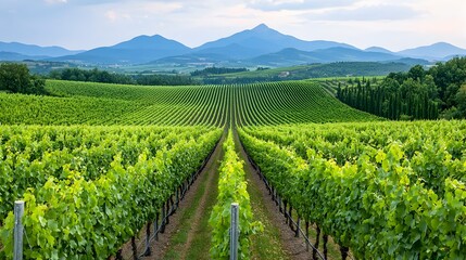 Obraz premium Picturesque vineyard landscape featuring rows of lush green grapevines stretching across the rolling countryside with majestic mountains visible in the distance