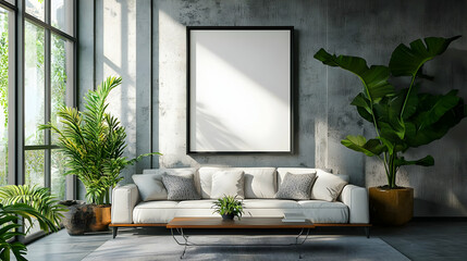 Modern Living Room Interior Design with White Sofa and Black Frame Canvas Mockup