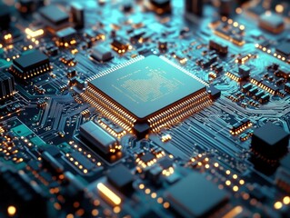 Fototapeta premium a close-up view of a high-tech PCB (Printed Circuit Board) with various electronic components.