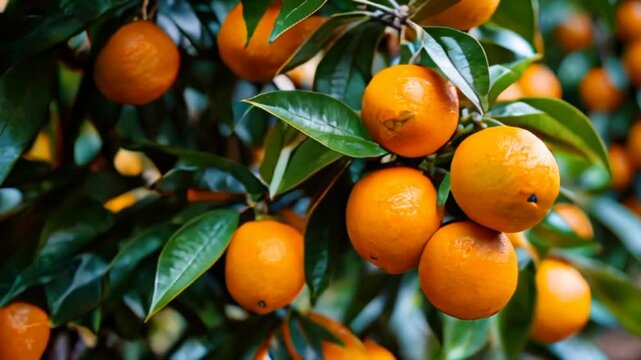 Ripe oranges hanging trees