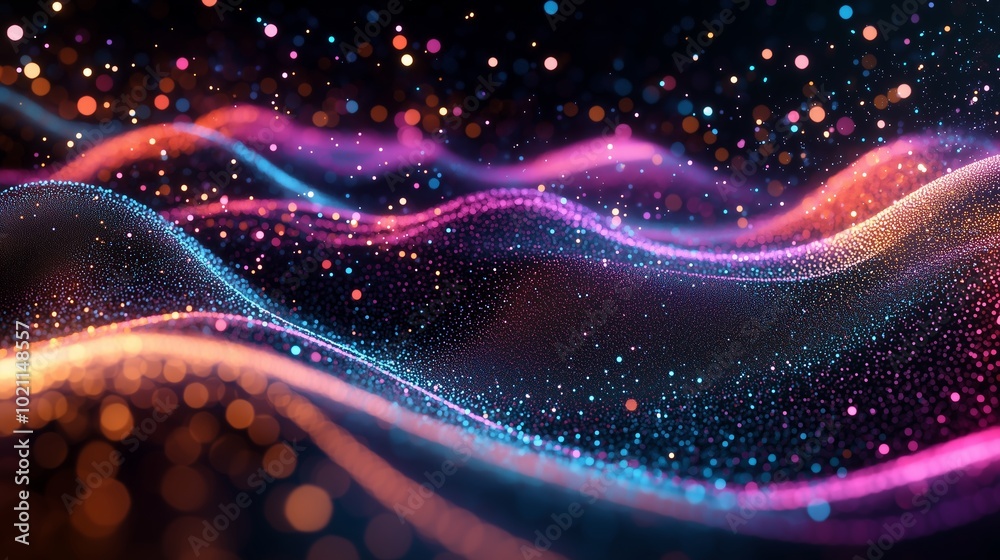 Wall mural Vibrant waves of colorful light sparkle against a dark background, creating a mesmerizing digital landscape of glowing particles