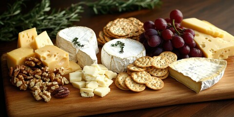 Fototapeta premium A gourmet cheese platter with assorted cheeses, crackers, nuts, and grapes on a wooden board.