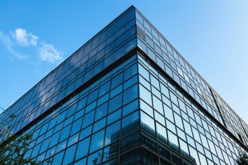Glass facade of a modern office building with a blue sky. Urban architecture and business office concept.
