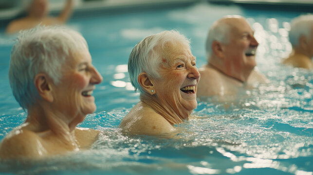 Group of elderly people in a swimming pool, fitness program for seniors, laughter and splashes