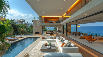 Luxury modern house interior with view on the outside pool
