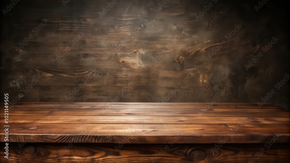 Aufkleber rustic wooden table with a blurred dark wood background, perfect for product display and showcasing 