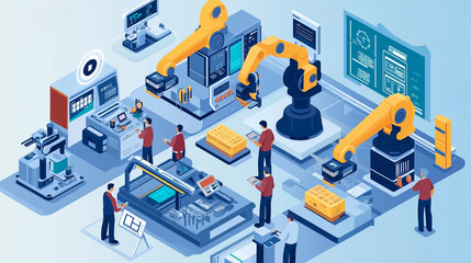 Fototapeta premium 3d vector illustration of production, workers, engineers working, production process, Hi-tech machines, Industrial revolution concept, Automation factory