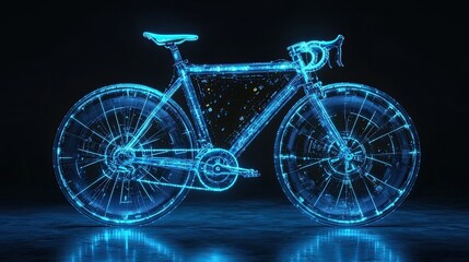 Fototapeta premium Glowing blue bicycle with transparent digital wheels set against a dark background with room for text or branding