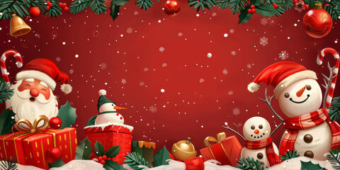 Christmas illustration with Santa Claus, snowman, and decorated Christmas tree,Generated By Ai