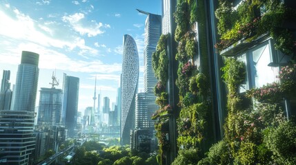 A stunning view of a futuristic city skyline featuring green architecture and lush vertical gardens.