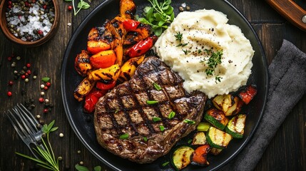 Grilled steak with mashed potatoes and roasted vegetables on a rustic plate.