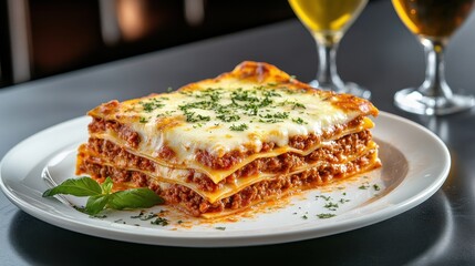 Classic beef lasagna with layers of rich meat sauce and melted cheese, served in a ceramic dish