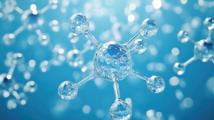 Close-up of a water molecule with molecular structure on a soft blue background, evoking a sense of science and purity.