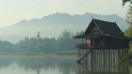 Fototapeta premium Serene Beauty of Traditional Wooden House on Stilts Over Tranquil Lake with Majestic Mountains in Unseen Thailand - Ultra Detailed Photography