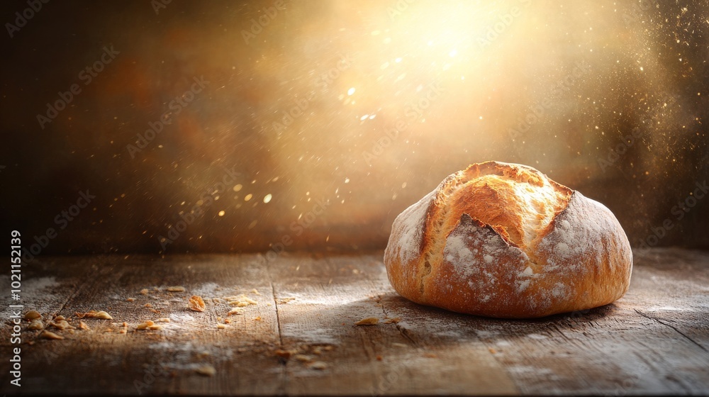 Wall mural Freshly baked artisan bread on a rustic wooden table, warm golden light and soft textures