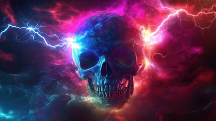 A vibrant and mystical digital artwork of a glowing skull amidst cosmic colors and energetic lightning.