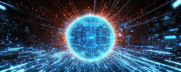 Blue technology orb with radiant digital energy lines spreading outward contrasted by a dark background leaving space for customization or branding