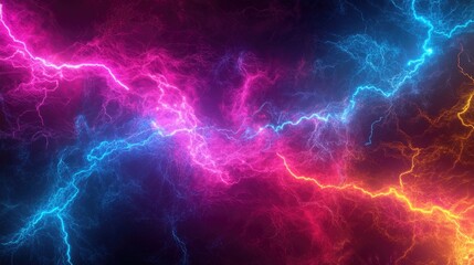 A mesmerizing display of multicolored lightning bolts in vibrant pink, blue, and orange hues against a dark background.