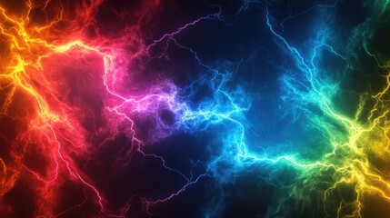 Fototapeta premium A captivating burst of colorful lightning illuminates the dark background, showcasing vibrant red, blue, and purple hues.