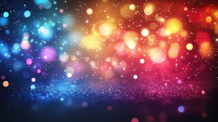 A vibrant abstract background featuring colorful bokeh lights in blue, purple, orange, and red hues.