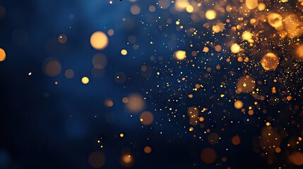 Glittering golden particles dance across a dark blue background, creating a magical and ethereal atmosphere.