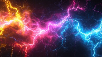 Naklejka premium Vibrant lightning bolts in shades of blue, pink, and orange create a dynamic display against a dark background.