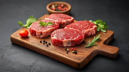 Close-up of marbled beef cuts on a rustic wooden board, garnished with herbs, premium quality meat