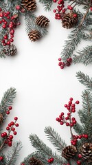 Festive winter frame with pine branches, red berries, and pinecones on white background, perfect for holiday greeting cards or seasonal designs.
