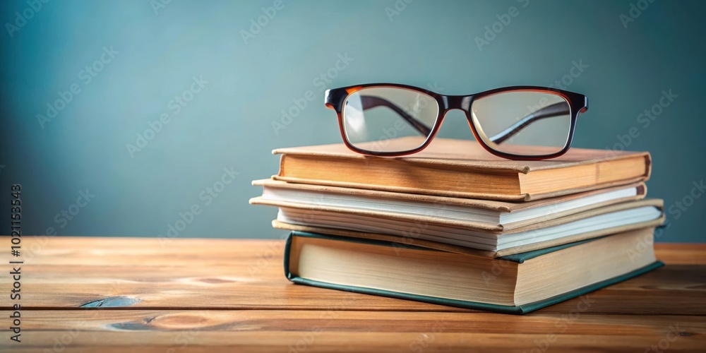Poster a stack of books and glasses resting on a wooden tabletop