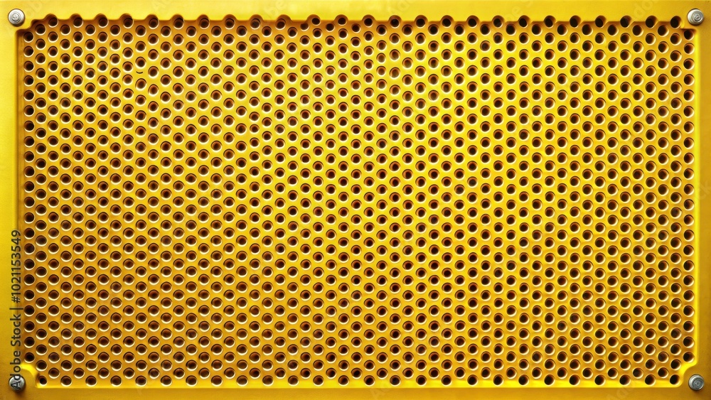Poster abstract yellow perforated metal panel with a regular pattern of circular holes