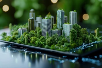 Miniature cityscape model on a tablet with lush greenery, symbolizing technology and sustainable urban development. Futuristic eco-friendly concept.