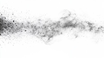 Abstract black and white dust cloud spreading across a white canvas, creating a dynamic and textured visual effect.