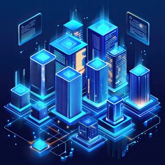 Blue holographic cityscape with digital buildings and floating data streams designed with a futuristic aesthetic and space for custom tech related copy