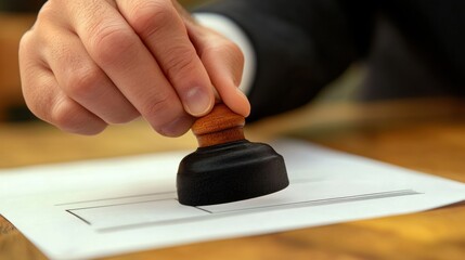 a person stamping an official document, symbolizing the process of granting authorization for legal or formal matters