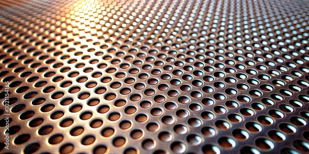 Poster A metallic sheet with a repeating pattern of circular holes, illuminated by a warm light source, creating a textured and abstract background.