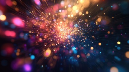 Fototapeta premium An explosion of vibrant colors, with radiant lights and shimmering particles creating a dynamic effect.